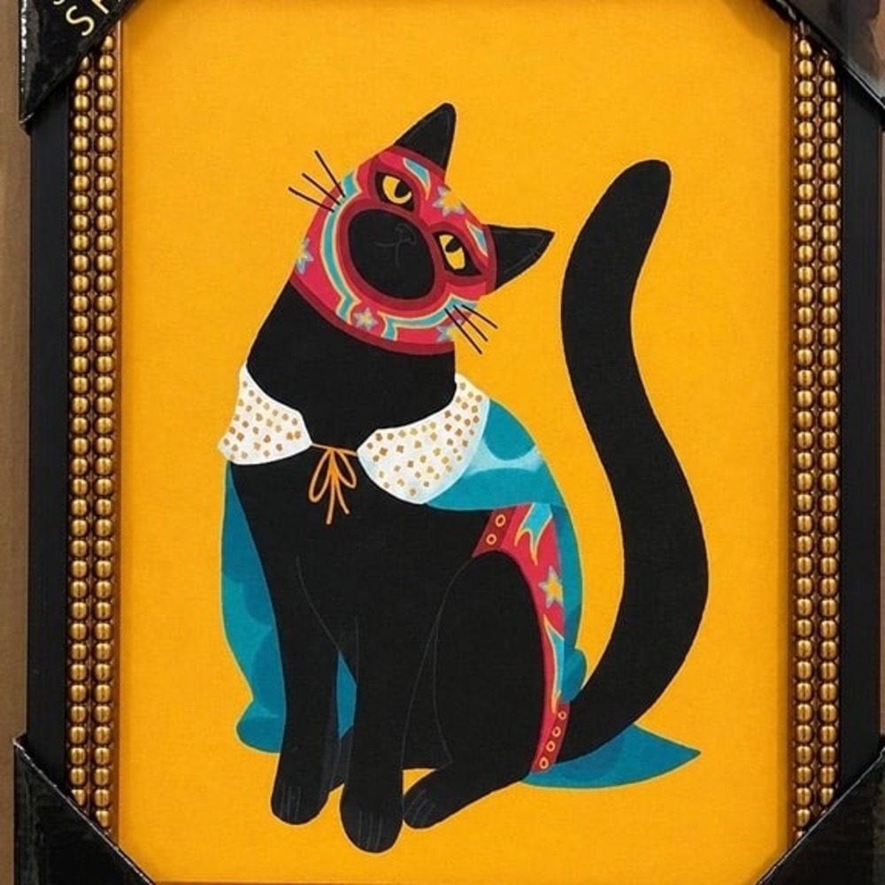 SAPNA SHAH Colorful Cat with Cape and Mask Art Print viral